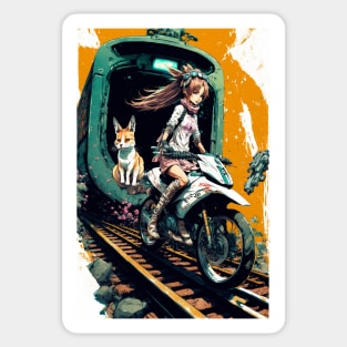 Japanese anime girl riding a bike on the train track Sticker